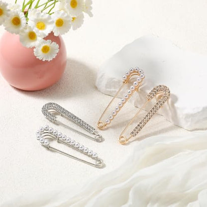 Safety Pin Brooch Decorative Brooch Pins for Women Clothing | Crystal Shawl Brooches for Women Shawl Shirt Dress Clips Pearl Pins Jewelry Sweater Clips Gold Silver