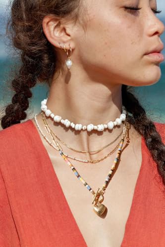 18k Gold Plated Chain Link Necklace for Women, Baroque Pearl/Compass Pendant Necklace - color: Colorful Beads Heart