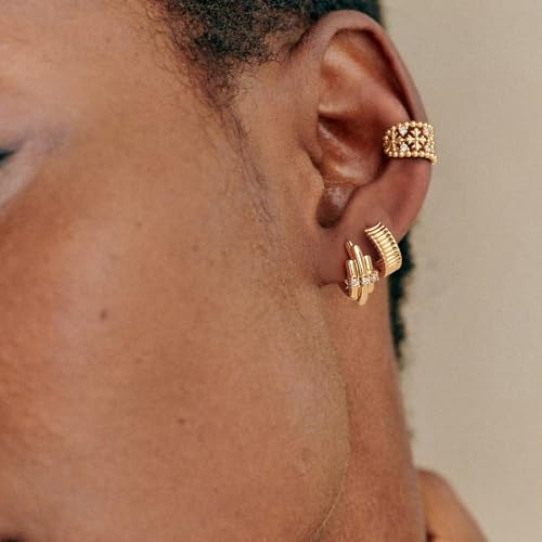 MYEARS Women Earrings Gold Huggie Hoop 14K Small Simple Hypoallergenic Everyday Jewelry - style: Frill Trough Band