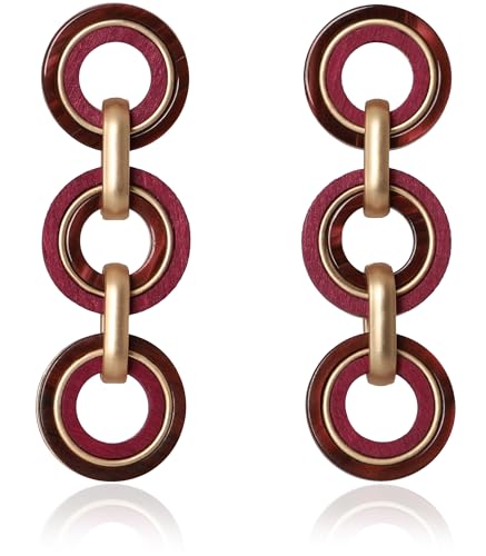 Ozel - Natural Wooden Acrylic Boho Drop Dangle Earrings for Women - Geometric Statement Jewellery - Brown, Black, Magent Red, Olive Green, White beige - color: 3Circle_Magenta