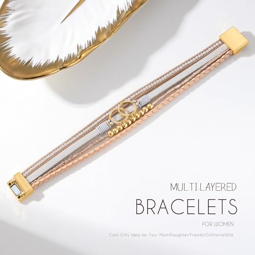 Bracelets for Women, Gifts for Mom Her Christmas Gift 2026 Leather Bracelets for Women Birthday Gift for Daughter Inspirational Wrap Bracelet Sister Friend Teen Girl Gift Layered Stocking Stuffers Jewelry - style: Champagne-Orange