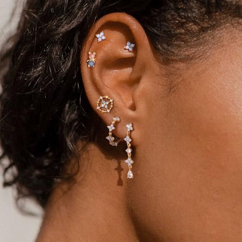 Sterling Silver Earrings Stacks for Women, Hypoallergenic Cartilage Earring | Dainty Stud Huggie Hoop Dangle Chain Earrings, 14K Gold/White Gold Plated - color: 6Pcs Blue Blossom Set(Single Earring Not a Pair)