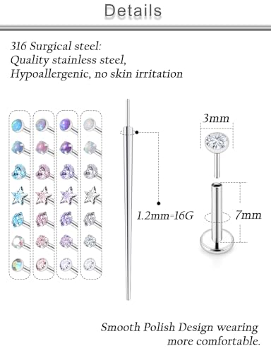 20G 18G 16G Threadless Lip Labret Nose Rings Studs Flat Back Earrings 316L Surgical Steel Snake Bites Lip Medusa Monroe Rings Push in Cartilage Tragus Helix Conch Earrings Studs 6mm 8mm 10mm - color: Silver-16G（1.2mm)-7mm Bars-3mm CZ