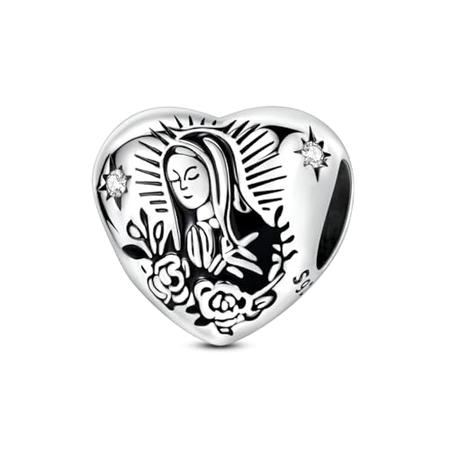 Hapour 925 Sterling Silver Charm for Bracelet Necklace Women Pendant Beads | Virgin Mary Charm, Religious Cross Heart Dragon European Jewelry Mom Charm - color: Silver Madonna of Mercy Heart-shaped