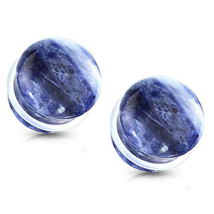 Pierced Owl - Natural Sodalite Stone Convex Single Flare Plug Gauges with Clear O-Rings, Sold as a Pair - style: 8mm (0GA)