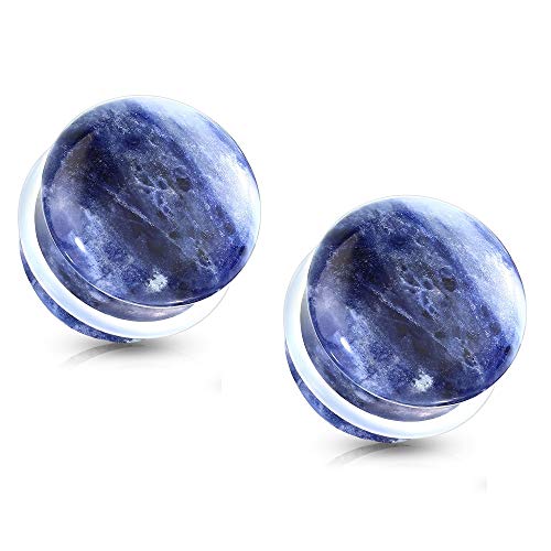 Pierced Owl - Natural Sodalite Stone Convex Single Flare Plug Gauges with Clear O-Rings, Sold as a Pair - style: 16mm (5/8")