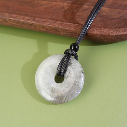Anjiucc Natural Gemstone Pendant Necklce Lucky Coin Crystal Necklace Donut Pendnat with Adjustable Rope Healing Crystal for Men - color: White Spectrolite