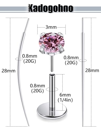 F136 Titanium 20/18/16g Internally Threaded Medusa Monroe Lip Ashley Labret Nose Rings Flat Back Tragus Helix Cartilage Conch Screw Stud Earrings Surgical Steel Piercing Jewelry for Women - color: Pink CZ, size: 20g*1/4in