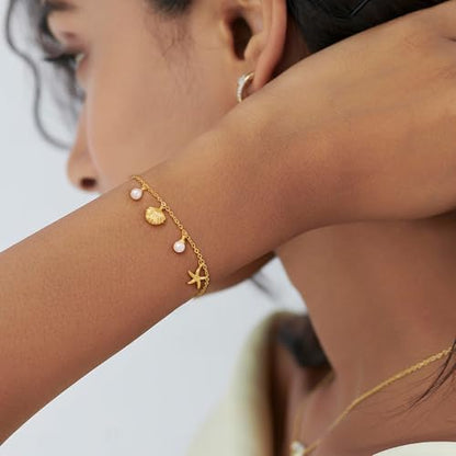 Gold Bracelets for Women, Dainty Friendship Charm Bracelet 14K Gold Plated Summer Shell Starfish Pearl Bracelet Cute Heart Charm Bracelets for Women Trendy Non Tarnish Beach Jewelry Gifts - color: Gold-Shell
