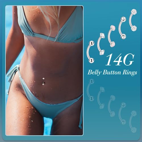 5PCS 14G 316L Stainless Steel Small Belly Button Rings for Women Tiny Simple Internally Threaded Navel Rings Hypoallergenic Petite CZ Opal Eyebrow Lip Daith Rook Piercing Jewelry 6-16MM - color: Sliver, size: Bar Length：14MM ( long )