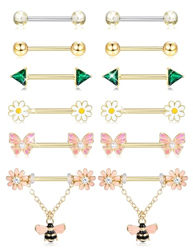 JOERICA 6 Pairs 14G Nipple Rings for Women 316L Stainless Steel Heart Butterfly Moon CZ Flower Barbell Nipple Rings Set Cute Nipplerings Piercing Jewelry - color: Gold Tone