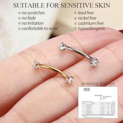 PEAKLINK G23 Titanium Eyebrow Piercing Jewelry 16G Eyebrow Rings Curved Barbell Small Belly Ring Rook Daith Earrings Vertical Labret Lip Piercing 6mm-12mm - color: Silver