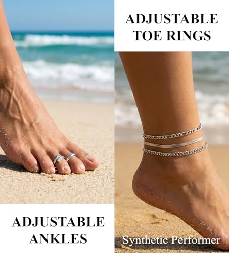 CASDAN 13Pcs Silver/Golden Toe Rings and Ankle Bracelets for Women | Layered Anklets Chain,Adjustable Open Tail Toe Ring,Waterproof Cuban Link Chain Anklets Set,Beach Foot Jewelry for Summer - color: Silver,B
