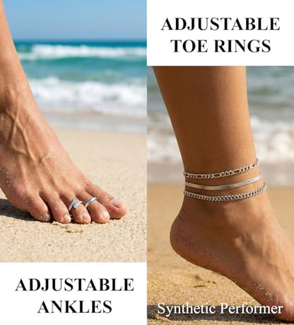 CASDAN 13Pcs Silver/Golden Toe Rings and Ankle Bracelets for Women | Layered Anklets Chain,Adjustable Open Tail Toe Ring,Waterproof Cuban Link Chain Anklets Set,Beach Foot Jewelry for Summer - color: Silver,B
