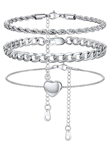 U7 2Pcs/3Pcs Ankle Bracelets for Women, Stainless Steel Cuban Link/Figaro/Rope/Heart Chain Anklets Sets,Waterproof Layered Anklets Adjustable 8.5"-10.5" - color: 04. 3Pcs Style B-Stainless Steel
