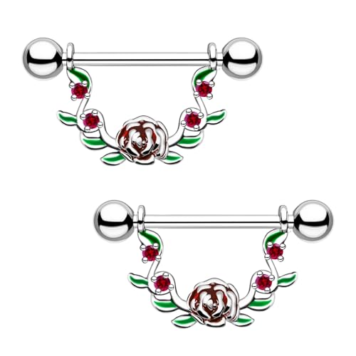 2pcs 14G Nipple Rings Flower Nipple Bars Surgial Steel 316L Nipple Piercing Jewelry Heart Nipple Barbell for Women - color: ROSY