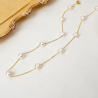 925 Sterling Silver Dainty Freshwater Cultured Pearl Choker Necklace White Genuine Real Pearl Charm Necklaces Jewelry Gifts for Her - color: Satellite Baroque 8-9mm-Gold