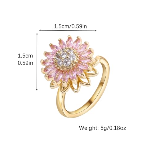 Sunflower Fidget Ring for Women Gold Anxiety Crystal Rings Cubic Zirconia Sunflower Open Adjustable Fidget Ring Spinner Sun Ring for Men Trendy Jewelry - color: fense