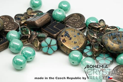 45+ pcs (2.1oz=60g) of Focal Glass Bead Mix with Table-Cut Flower and Butterfly Beads, PG Turqouise Brown Brass - color: Focal Brown Turqouise