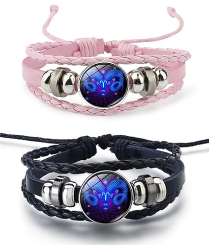 2Pcs Twelve Zodiac Leather Bracelet - Adjustable Zodiac Jewelry Accessory - color: Aries
