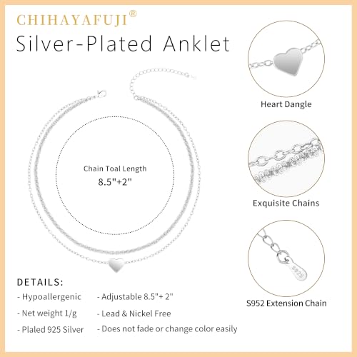 Sterling Silver Ankle Bracelets for Women 14k Gold Waterproof Layered Stackable Non Tarnish Dainty Heart Charm Large Adjustable Anklet for Summer Beach Jewelry Gift - color: SilverA