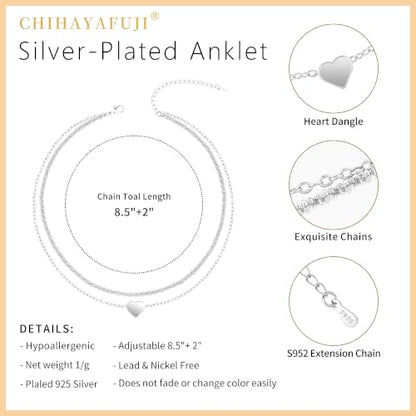 Sterling Silver Ankle Bracelets for Women 14k Gold Waterproof Layered Stackable Non Tarnish Dainty Heart Charm Large Adjustable Anklet for Summer Beach Jewelry Gift - color: SilverA