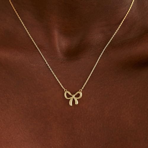 Thaivor Necklace for Women Dainty Bow Necklace 14K Gold Plated Cute Choker Small Pendant Charm Necklaces Teen Gift Trendy Stuff Personalized Jewelry Gifts - color: Gold-Cable-2