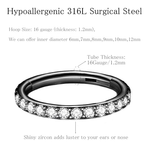 ORANGELOVE 20G 18G 16G Clear CZ Nose Ring Hoop 316L Surgical Steel Seamless Silver Septum Ring Clicker Jewelry Cartilage Earring Ear Piercing Hoop Earrings for Women Men Helix Rook Lobe Conch Tragus Daith Lip Hinged Piercing Jewelry with Cubic Zirconia -