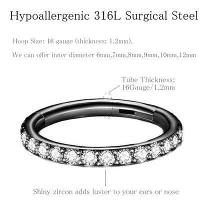 ORANGELOVE 20G 18G 16G Clear CZ Nose Ring Hoop 316L Surgical Steel Seamless Silver Septum Ring Clicker Jewelry Cartilage Earring Ear Piercing Hoop Earrings for Women Men Helix Rook Lobe Conch Tragus Daith Lip Hinged Piercing Jewelry with Cubic Zirconia -