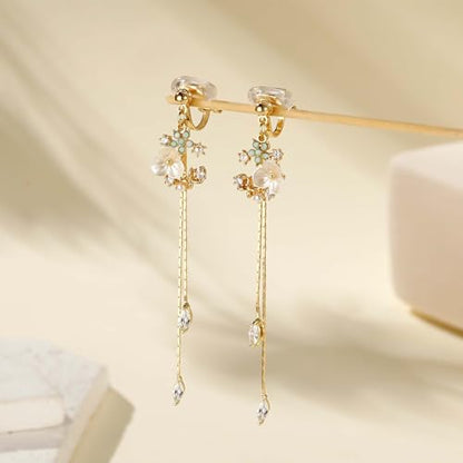 Awinesn Clip on Earrings Dangle Pearl Drop Clip Earrings for Women Trendy Dangle Chain Dainty Flower Wedding Earrings for Brides 14K Gold Plated Statement Non Pierced Earrings for Women Sparkly Jewelry - style: fugu-lanflower-g