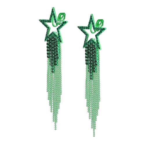 EVER FAITH Crystal Long Waterfall Star Tassel Clip-on Earrings for Women | Rhinestone Beaded Fringe Chandelier Dangle Statement Earring, Wedding Party Jewelry - color: Green Green-Tone