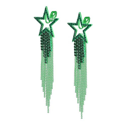 EVER FAITH Crystal Long Waterfall Star Tassel Clip-on Earrings for Women | Rhinestone Beaded Fringe Chandelier Dangle Statement Earring, Wedding Party Jewelry - color: Green Green-Tone