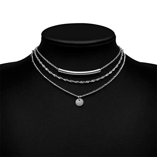 Aisansty Dainty Layered Choker Necklaces Handmade Coin Tube Star Pearl Pendant Multilayer Adjustable Layering Chain Gold Plated Necklaces Set for Women - color: Silver, style: Silver Coin&Bar