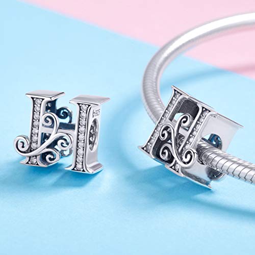 BISAER 925 Sterling Silver Initial Letter A-Z Charms for Bracelets Alphabet Beads Charm Jewelry Gifts - color: Letter H