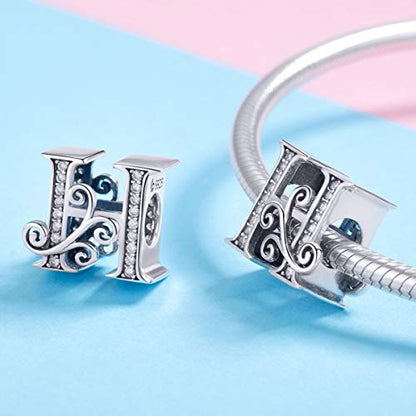 BISAER 925 Sterling Silver Initial Letter A-Z Charms for Bracelets Alphabet Beads Charm Jewelry Gifts - color: Letter H