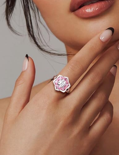 Flower Engagement Promise Ring Sterling Silver Birthstone Rings for Women Sapphire/Emerald/Ruby Gemstone Six Leaf Clover Statement Cocktail Ring Size 6 to 10 - style: 10. October-Created Pink Sapphire