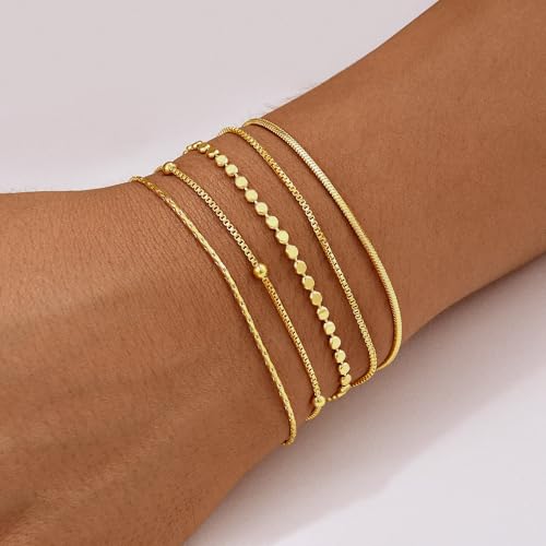 Gold Bracelets for Women, 14K Gold Plated Stackable Bracelet Stack Set Adjustable Charm Paperclip Chain Snake Link Layered Waterproof Jewelry Sets Gifts - style: Bracelets Set /8