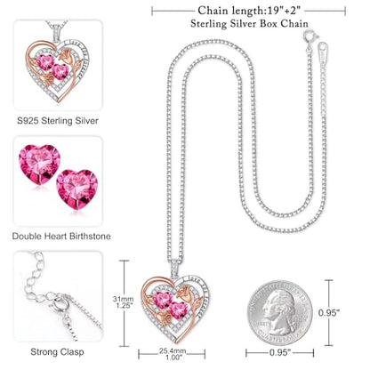 Iefil Heart Birthstone Necklace for Women - Double Birthstone Jewelry | 925 Sterling Silver, Gift Box Packaging, Anniversary Birthday Gifts for Women Wife Mom - color: 10-10-Oct-Oct Birthstone