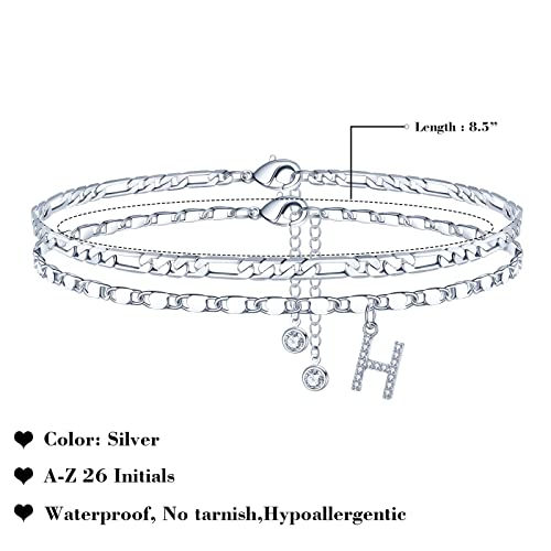 Ursteel Ankle Bracelets for Women, 14K-Gold-Plated Dainty Layered Chain CZ Initial Anklets Set Summer Jewelry Gifts for Women - style: H-Silver-Plated