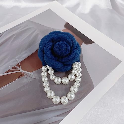 Wool Camellia Flower Pearl Tassel Brooches Pins Delicate Flowers Brooch Classic for Wedding Party Dance Banquet for Women Dainty Elegant Lapel Pins Dress Suit Accessories - color: Blue