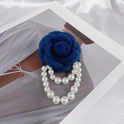 Wool Camellia Flower Pearl Tassel Brooches Pins Delicate Flowers Brooch Classic for Wedding Party Dance Banquet for Women Dainty Elegant Lapel Pins Dress Suit Accessories - color: Blue
