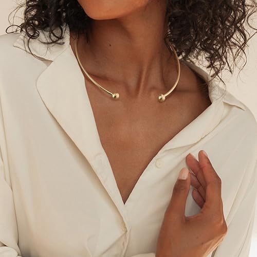 Sanfenly Choker Collar for Women 14K Gold Plated Silver Stainless Steel Metal Collar Choker Necklace Statement Open Cuff Bangle Necklace for Women - style: Open Gold with Ball Ends