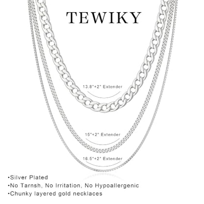 Tewiky Layered Necklaces for Women 14k Gold Plated Chain Necklace Set | Chunky Herringbone/Snake/Rope/Box/Cuban Link Chain for Women, Layering Stack Choker Necklace, Dainty Jewelry Set Non Tarnish - color: Silver--style I