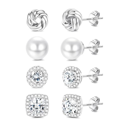FIBO STEEL 4 Pairs Hypoallergenic Stud Earrings for Women 14K Gold Plated | Sterling Silver,Big Simulated Pearl Love Knot,Brilliant Cubic Zirconia Halo Earrings Studs for Sensitive Ears Everyday Formal - color: Sliver Tone
