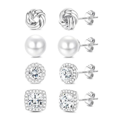 FIBO STEEL 4 Pairs Hypoallergenic Stud Earrings for Women 14K Gold Plated | Sterling Silver,Big Simulated Pearl Love Knot,Brilliant Cubic Zirconia Halo Earrings Studs for Sensitive Ears Everyday Formal - color: Sliver Tone