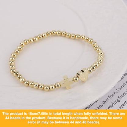 Mikovivi Women's Cross Bracelet with Initial Beads, Elastic Heart Alphabet Charm Stackable Beaded Bracelet Religious Christian Jewelry Gift - style: Letter J