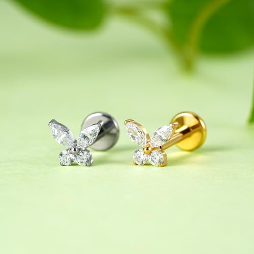 16G 6mm 8mm ASTM F136 Titanium Cartilage Piercing Jewelry Stud for Tragus Helix Conch Flat - color: Mini Butterfly - Gold