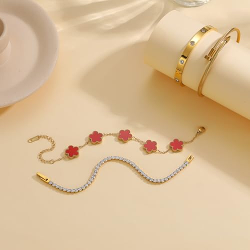18 K Gold Plated Love Bangle Bracelet Stack for Women,Set of 4 Floral Clover Chain, Tennis Crystal &Gold Stackable Bangle Bracelet -Adjustable Layered Jewelry Gift for Wife Valentines Mother's Day-MVCOLEDY - color: Red