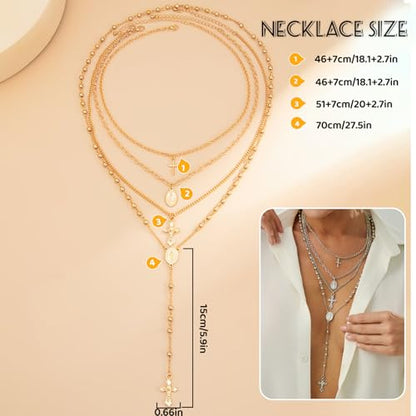 Layered Cross Necklace Set for Women, Layered Choker Necklaces Trendy Jewelry, Colorful Enamel Beaded Y-Shaped Lariat Necklace, Boho Multilayer Cross Necklace for Party and Daily Wear - color: Gold-05