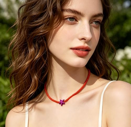 Seed Bead Choker Necklace for Women Bohemian Tiny Beads Choker Colorful Rice Bead Starfish Choker Summer Surfer Beach Necklace Jewelry Gift - color: Orange